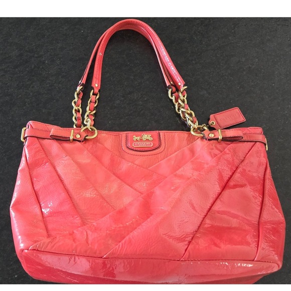 Coach Handbags - Coach Coral‎ Pink Patent Leather Shoulder Bag w/ Chain Strap